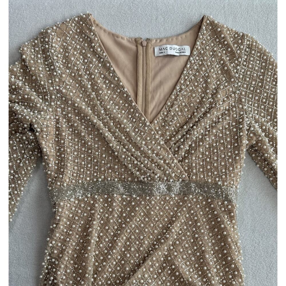 Mac Duggal 10062 Beige Size 4 Wrap Over Pearl Gown Beaded Bishop Sleeves NWT - Picture 15 of 16